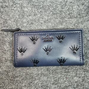 Kate Spade Wallet Womens Navy Blue Embellished Leather Zip Snap Card Case Purse